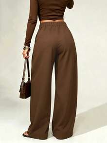 Women's Low Waist Fashion Pleated Solid Color Wide Leg Suit Pants - Coffee Brown - View 2