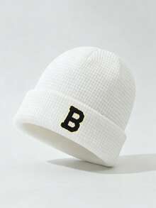 1PC Unisex Print A-Z Letter Waffle Knit Beanie Hat,Soft Warm Winter Hat For Women,Daily Outdoor Streetwear Cold Weather Home - White - View 5