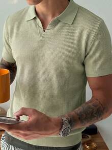 Men's Solid Color Waffle Knit Polo Shirt With Turn-Down Collar, Short Sleeve Casual Top, Thin - Green - View 2