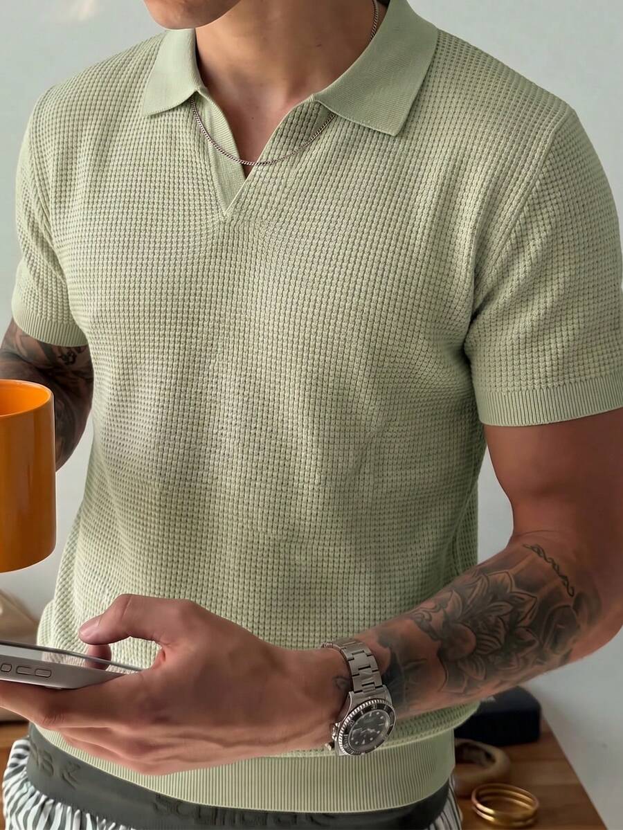 Men's Solid Color Waffle Knit Polo Shirt With Turn-Down Collar, Short Sleeve Casual Top, Thin