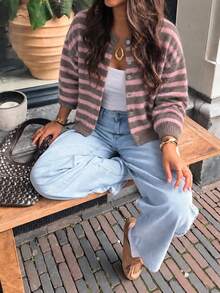 Women's New Autumn/Winter Striped Plush Knit Cardigan, Short Crew Neck Slouchy Elegant Versatile Sweater Jacket - Grey - View 6