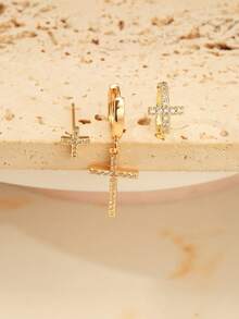 Nooxian 1 Set Gold Rhinestone Cross Earrings 3pcs Set Full Rhinestone Cross Studs + Cross Ear Cuffs + Cross Pendant Hoop Earrings Cool Layered Earring Set - Yellow Gold - View 4
