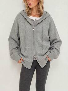 Women's New Minimalist Casual Comfortable Knit Short Zip-Up Hooded Cardigan Jacket, Long Sleeve Design, Perfect Choice For Warm Winter Fashion - Grey - View 3