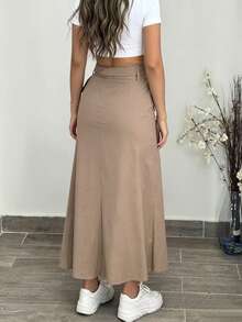 Commuter Versatile A-Line Skirt For Women With Button And Slit Design, Elegant Skirt - Khaki - View 6
