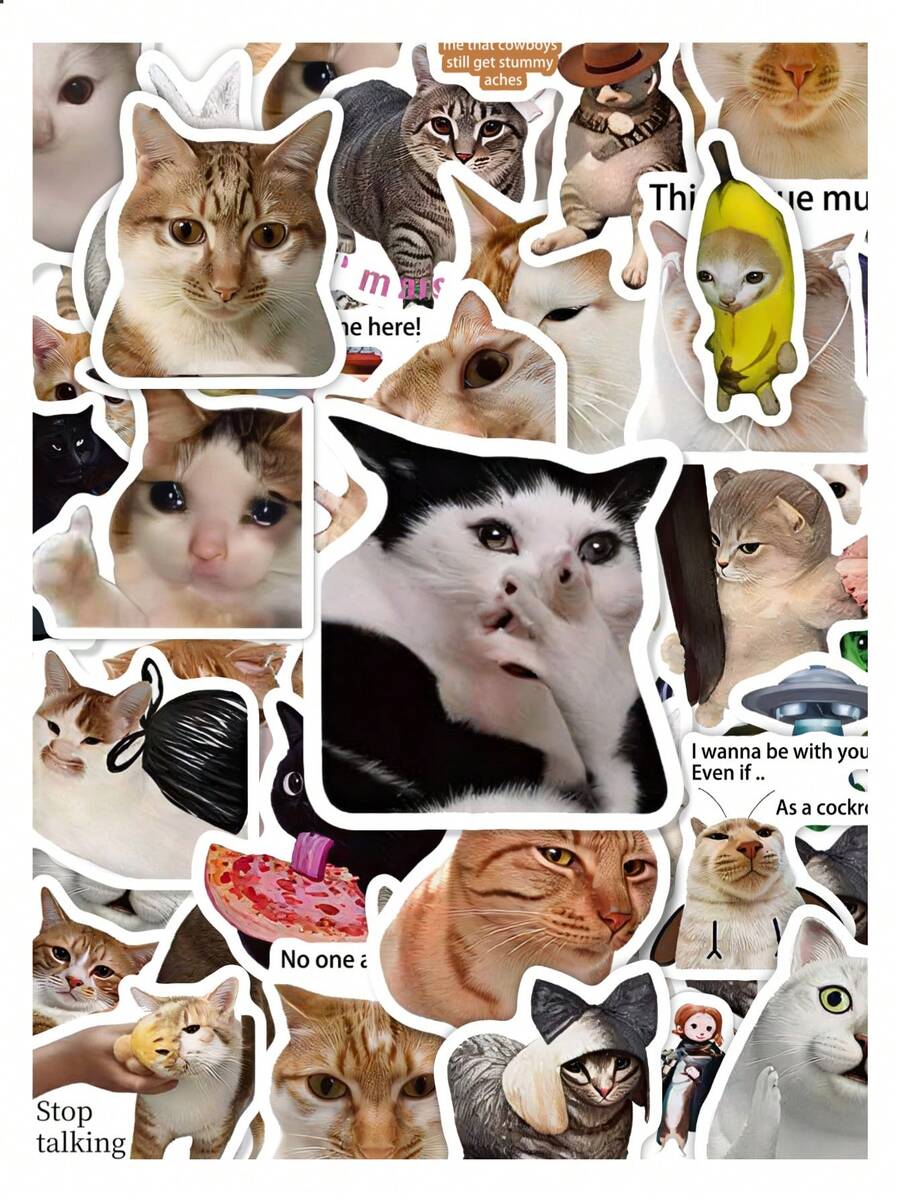 50Pcs Funny Internet Meme Cat Stickers, Viral Kitty Expression Patterns, Waterproof Vinyl Stickers For Water Bottles, Laptops, Scrapbook, Journal, DIY Decoration, Gift - Multicolor - View 1