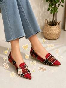 Vintage Scottish Plaid Pointed Toe Flats For Women, Elegant Slip-On Lightweight Daily Wear Loafers - Red and Black Plaid - View 2