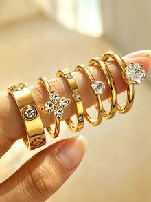 6pcs 18K Gold Plated Stainless Steel Ring Set, Stackable Rings, Clover Design, Ins Style, Waterproof Jewelry, Elegant Rings, Gemstone Rings, Gold Tone Jewelry Set, Exquisite Gift, - Gold - View 8