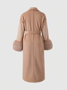 Elegant Fashion Minimalist Casual Versatile Commute Wool Belt Long Sleeve Coat Solid Color Faux Wool Fabric Fine Fur Splicing Women's Jacket Office Date Vacation Women's Winter Clothes,Clothes For New Year,Work Outfits For Women - Brown - View 9