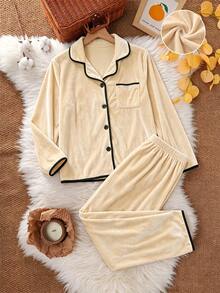 Sweet Apricot Colored Long Sleeve Long Pants And Two Pieces Pajamas For Girls In Autumn And Winter Seasons,Suitable For Home Leisure,Gatherings,Parties - Apricot - View 3