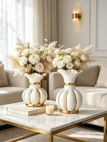 1 Piece Modern Luxury White Gold Ribbed Ceramic Vase For Living Room Decor - 1PC - View 5