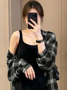 YCYC 韓式風格春季新款防曬薄款高級格紋襯衫外套上衣 女款 - 黑色 - 查看 3