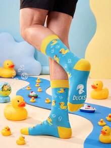 3/1 Pair Novelty Colorblock Little Yellow Duck Mid-Calf Socks With Letter Design On Sole, Soft Comfortable Street Style Printed Socks, Unisex - Multicolor - View 1