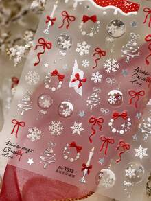 Classic Red Bow Xmas Nail Stickers 1Sheet, 3D Embossed Snowflake Crystal Ball Candle Tree Pattern Self-Adhesive Nail Decals, DIY Nail Art Decorations - Multicolor - View 1