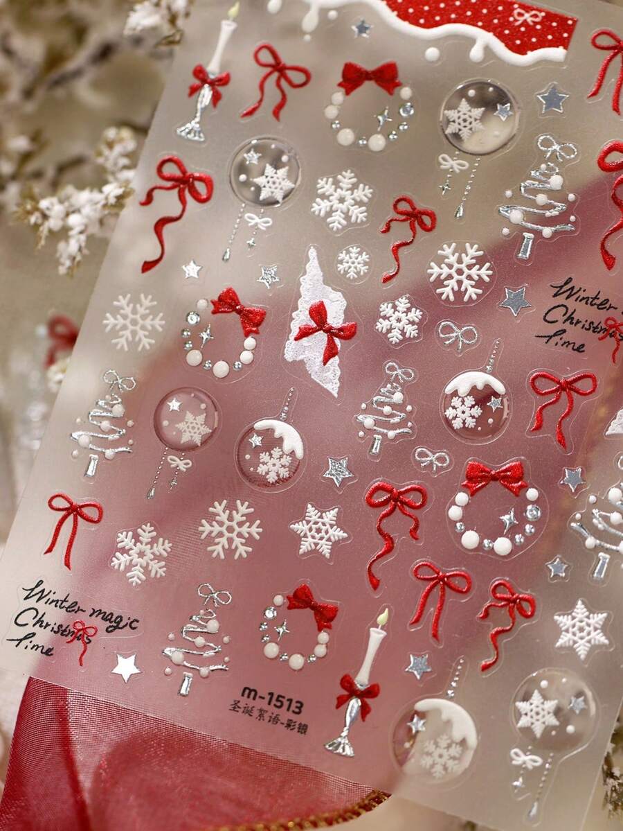 Classic Red Bow Xmas Nail Stickers 1Sheet, 3D Embossed Snowflake Crystal Ball Candle Tree Pattern Self-Adhesive Nail Decals, DIY Nail Art Decorations - Multicolor - View 1