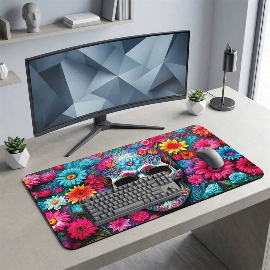 Colorful Petals And Skull Pattern Gaming Mouse Pad, Non-Slip Rubber Desk Mat, Smooth Sliding Surface, Suitable For Computer Laptop Office Home, Bold Abstract Art Decor, Back To School Supplies - A - View 1