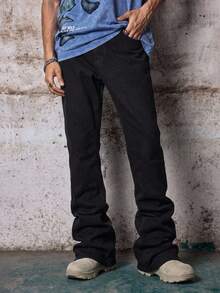 Skyrend Mens Black Flared Denim Jeans, Slim Fit Washed Cargo Pants With Pockets, Gothic Punk Emo Urban Streetwear Winter Jeans - Black - View 1
