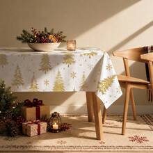 1pc Christmas Minimalist Gold Christmas Tree Pattern Tablecloth, Stain-Resistant Dining Table Decor Cloth, Suitable For Kitchen, Dining Table, Coffee Table, TV Cabinet, Entryway, Party Holiday Decoration, Home Decor, Christmas Gathering - Multicolor - View 4