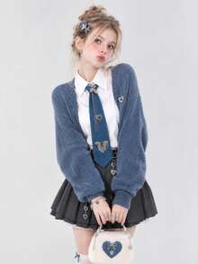 1pc Washed Denim Bear Heart Chain Design Sweet And Cool Preppy Style Shirt Decoration For Women's Ties - Multicolor - View 1