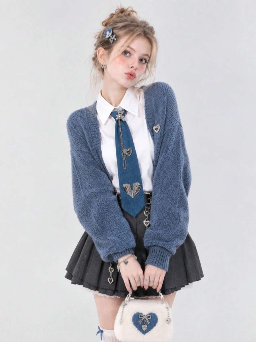1pc Washed Denim Bear Heart Chain Design Sweet And Cool Preppy Style Shirt Decoration For Women's Ties - Multicolor - View 1