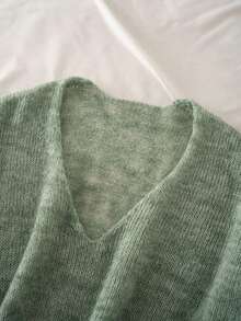 Plus Size Women 2026 Must Have Fall V Neck Cropped Knit Sweater,Long Sleeves,Fashion Chic Daily Going Out Loose - Gray Green - View 4