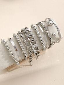 5/10pcs Fashion Minimalist Exaggerated Old Money Style Layered Vintage Design Chunky Chain & Beaded Bracelet Set For Women, Suitable For Vacation, Date, Party, Ball, Banquet, Holiday, Birthday Gift, Daily Wear - Silver - View 11