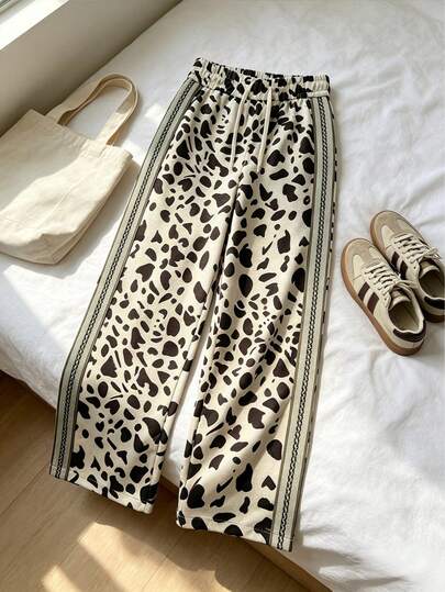 1pc Women's Outdoor Casual Leopard Print Fashion Wide Leg Long Pants, Suitable For Autumn Wear, Outdoor Commuting, Street Outing Comfortable Long Pants