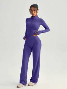 2pcs Set Purple Zipper Fitted Long Sleeve Top + Flowy Wide Leg Pants Yoga Outfit - Violet Purple - View 5