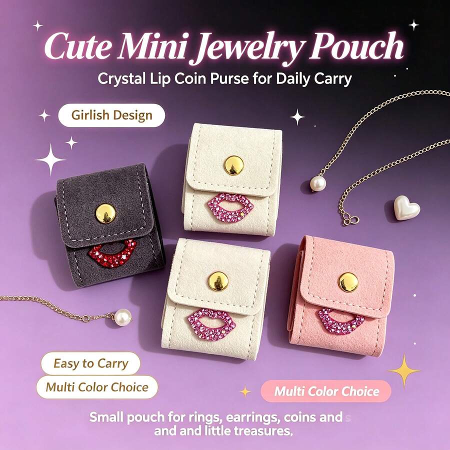 Mini Jewelry Storage Bag With Rhinestone Lips Decoration, Snap Button Portable Ring & Earring Organizer, Foldable Small Jewelry Box, Compact Travel Accessory Pouch, Lightweight For Daily Use & Travel, Exquisite Gift For Jewelry Collectors