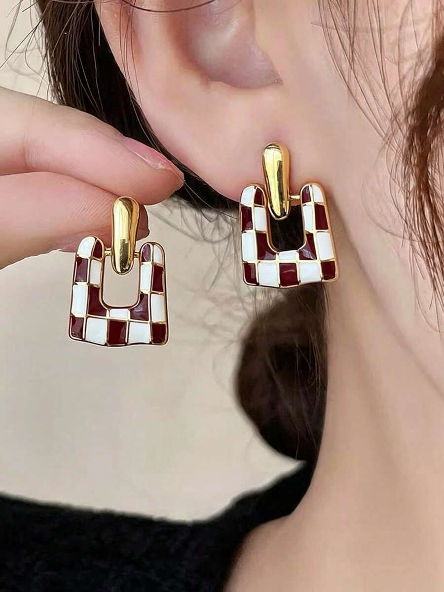 1對正方形紅白棋盤格琺瑯耳環，奢華時尚高端優雅女款耳釘，適合節日與日常配戴 - 彩色 - 查看 1