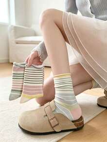 Korean Style INS Color Block Thin Striped Versatile Mid-Calf Socks, Japanese Retro Contrast Color Rolled Edge College Style Slouch Socks - Multicolor - View 1