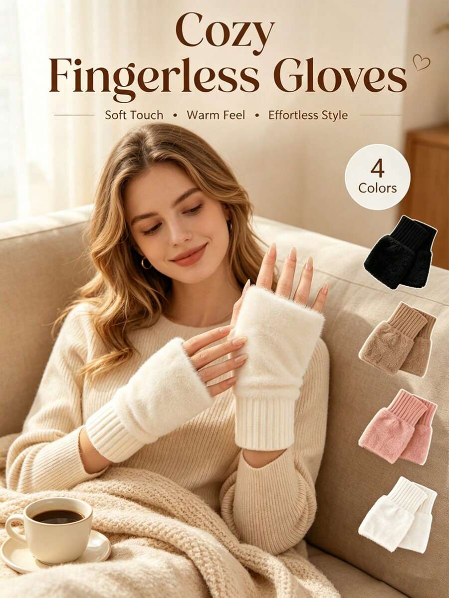 5pcs Women's Fingerless Gloves With Faux Fur Cuffs And Soft Warm Knitted Sleeves; Suitable For Touchscreen Typing. Essential Accessory For Classroom Or Shopping Trips - New Autumn Arrival - Multicolor - View 1