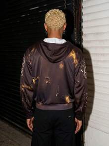 Men's Y2K Hip-Hop Style Chain Hand-Drawn Pattern Zipper Hoodie, Short Distressed Star Print Streetwear Loose Jacket Top - Brown - View 2