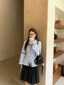 Casual Textured Contrast Design Blue Shirt Women Vintage Lantern Sleeve Turn Collar Blouse Autumn - Light Wash - View 3