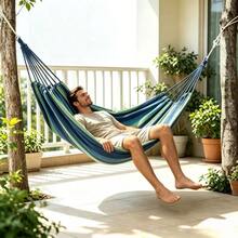 1pc Canvas Cotton Double Hammock For 1 Or 2 People, With Tree Hanging Straps, Portable & Comfortable, Suitable For Patio, Backyard, Outdoor, Indoor, Home, Garden, Camping, Travel, Red & Blue Color, Best Gift Choice (Includes Tie Ropes And Storage Bag) - Multicolor - View 4