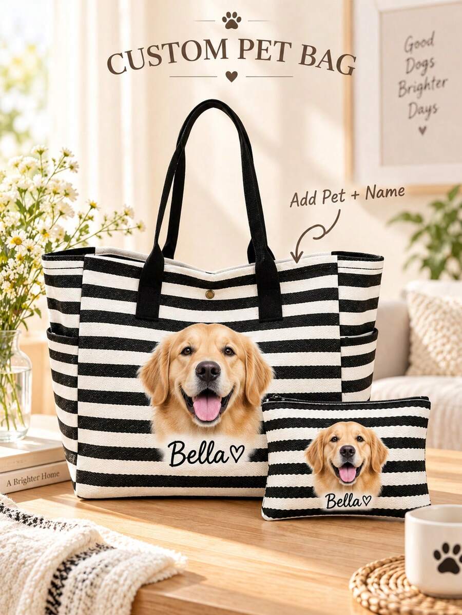 Personalized Pet Photo & Name Canvas Tote Bag, Large Capacity Shoulder Bag, Customizable Foldable Canvas Bag With Name Logo Text, Multiple Colors Available, Solid Color Large Capacity Shoulder Bag, Suitable For Work - Multicolor - View 1