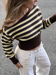 Women's Autumn/Winter Casual Striped Color-Block Asymmetrical Shoulder Loose Top & Tight Bottom Fashion Sweater - Multicolor - View 10
