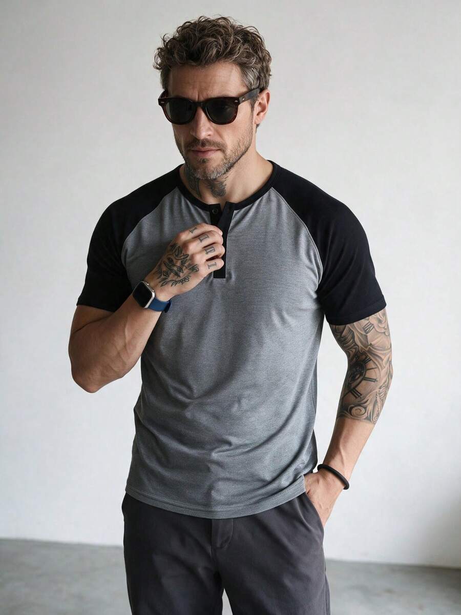 Men's Contrast Color Raglan Sleeve Henley Neck T-Shirt, New Summer Slim Fit Muscle Tee, Business Casual Commute Versatile Top - Black - View 1