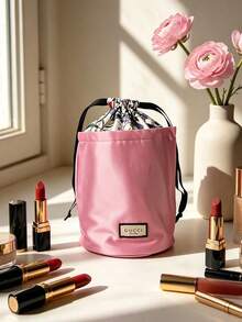 Lavender Purple Satin Drawstring Bucket Cosmetic Bag Floral Inner Lining Portable Travel Storage Pouch Gift For Women Gucci Beauty Lavender‑Purple Satin Floral‑Lined Drawstring Bucket Makeup Pouch - Purple - View 1