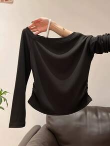 Niche Aesthetic Asymmetrical Shoulder Star & Letter Print Long Sleeve T-Shirt, Side Ruched Waist-Defining Cropped Top For Women, Autumn - Black - View 2
