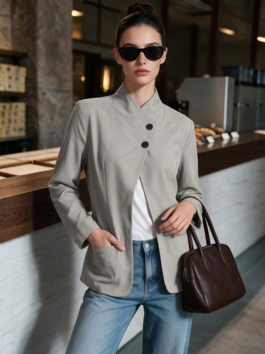 Women's Elegant Blazer Jacket, Asymmetrical Front With Pockets, Suitable For Commuting And Daily Wear, Autumn/Winter - Grey - View 1