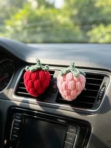 1pc Handmade Woven Strawberry Car Air Vent Decor, Women's Car Interior Air Conditioning Vent Ornament - A - View 1