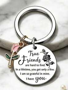 1pc/6pcs/15pcs/24pcs Keychain, True Friends Are Hard To Find Quote, Enamel Rose Pendant, Emotional Friendship Memorial Gift For Best Friends - Silver - View 6