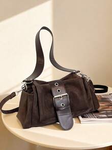 Women's Suede-Textured Shoulder Bag With Eyelet Buckle Decor, Detachable Wide Strap, Crossbody Wear, Multi-Pocket Storage, American Retro Style, Autumn/Winter Daily Commuter Vibe - Coffee - View 7