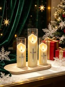 2pcs Holiday Atmosphere Hot-Selling Religious Series Cross Cup Candle Electronic Candle Atmosphere Light Bar Hotel Romantic Confession Proposal Guide Light LED Decoration Prop Light Suitable For Multi-Scene Arrangement Decoration - Beige - View 1