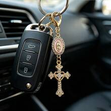 1Pc Religious Style Keychain, Virgin Mary Charm With Rhinestone Heart Cross Pendant, Cute Decorative Key Ring For Car Keys, Handbag Charm Accessory For Women - One Size Fits All - View 1