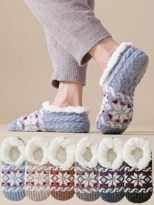 1/2 Pairs Snowflake Pattern Men's Lamb Wool Boat Socks, Thermal Lined Thickened Sleep Socks, Non-Slip Floor Socks, Men's Plush Shoe Covers - Multicolor - View 2