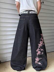 Hearty Haven 1pc American Retro Street Style Men's Loose Embroidered Wide Leg Jeans, Comfortable All-Season Long Pants - No Belt And Accessories - Black - View 2