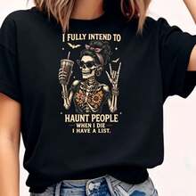 Camiseta con estampado de esqueleto de la marca Haunt People, divertida camiseta de Halloween con un esqueleto con moño desordenado, un diseño gráfico con humor espeluznante, ideal para fiestas de Halloween y para el uso diario. - Negro - Ver 6