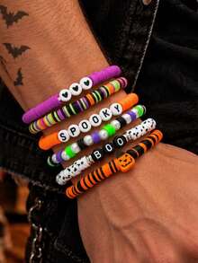 6pcs/Set European Gothic Style Colorful Soft Clay Multi-Layer Stackable Bracelets, Heart Letter Pumpkin Element Wristbands, Couple Holiday Photo Accessories, Autumn/Winter Atmosphere Small Gifts - Multicolor - View 1