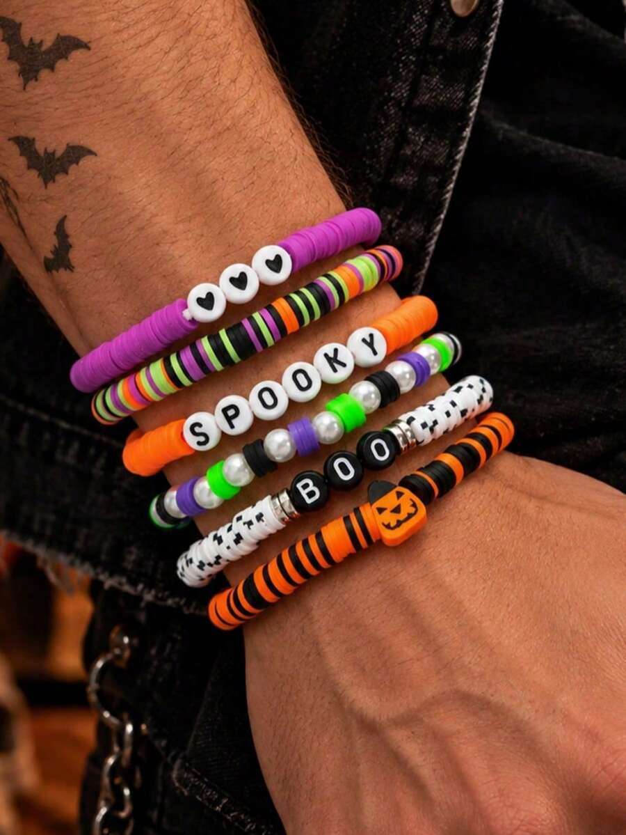 6pcs/Set European Gothic Style Colorful Soft Clay Multi-Layer Stackable Bracelets, Heart Letter Pumpkin Element Wristbands, Couple Holiday Photo Accessories, Autumn/Winter Atmosphere Small Gifts - Multicolor - View 1